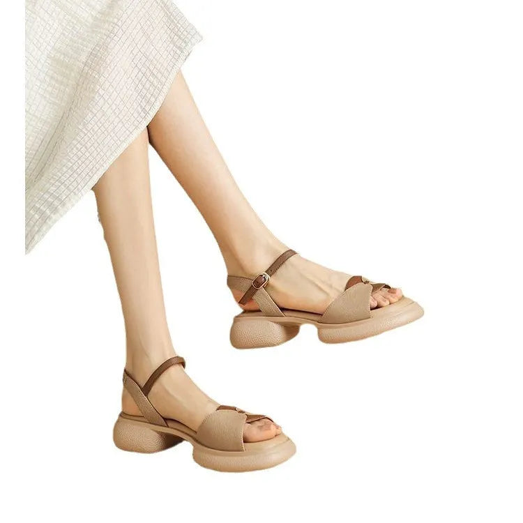 Women's beige chunky heel platform open toe sandals with renewable leather upper