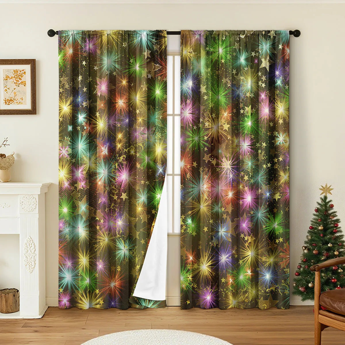 Pair of 3D digital printed Christmas curtains in polyester with European festive patterns hanging at window