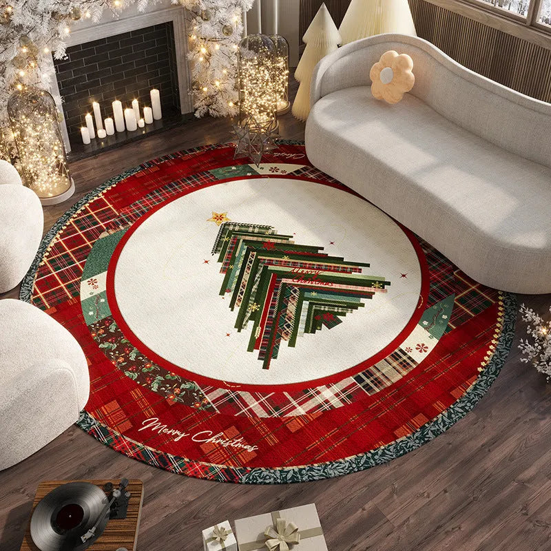 Round red Christmas festive carpet with non-slip backing on living room floor