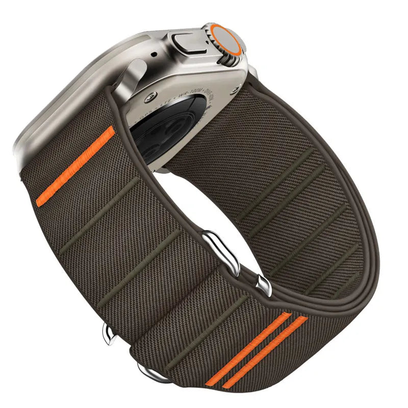 Elastic nylon Apple Watch band with stainless steel buckle shown in Army Green colour.