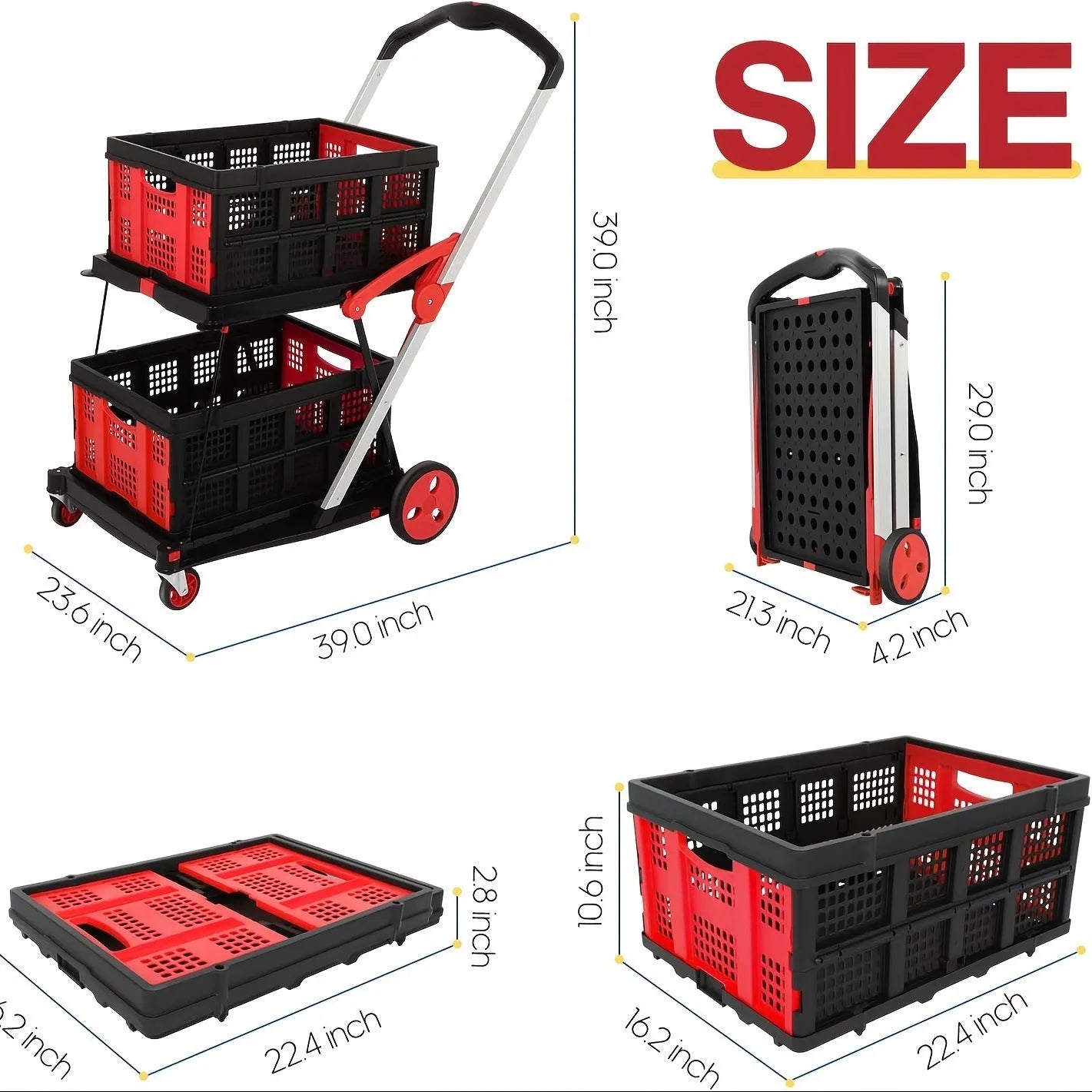 Foldable shopping cart with double baskets in choice of blue, purple, pink, or red colours