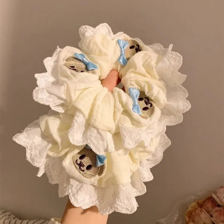 Blue cloth hair ring with bear bow decoration and large intestine wrapped design
