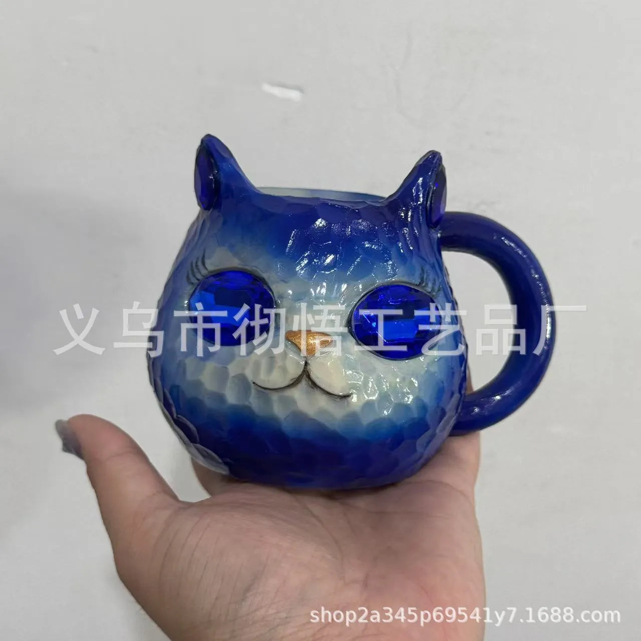 Crystal Earth decorative cat resin cup in American style, available in blue, green, pink, and purple colours.