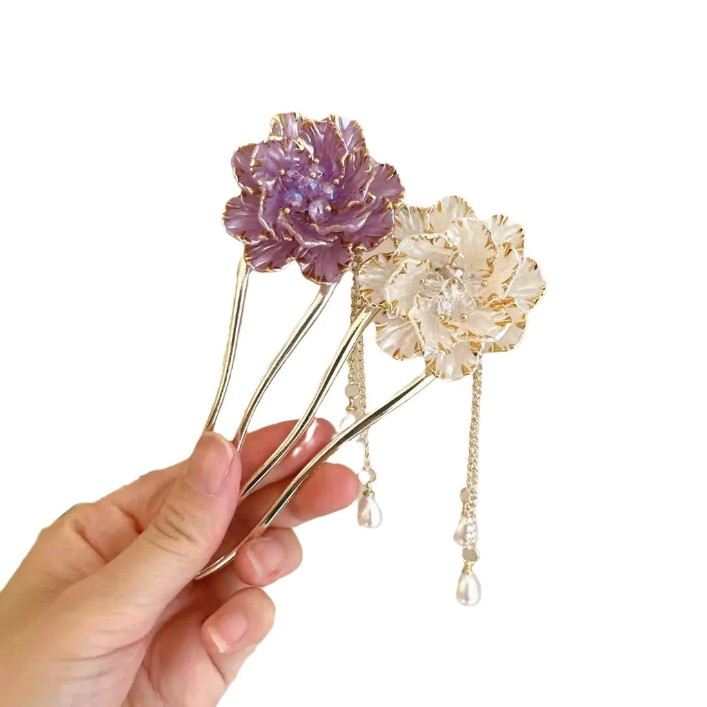 Purple and white retro peony flower U-shaped hairpin with tassel detail on alloy hair clip