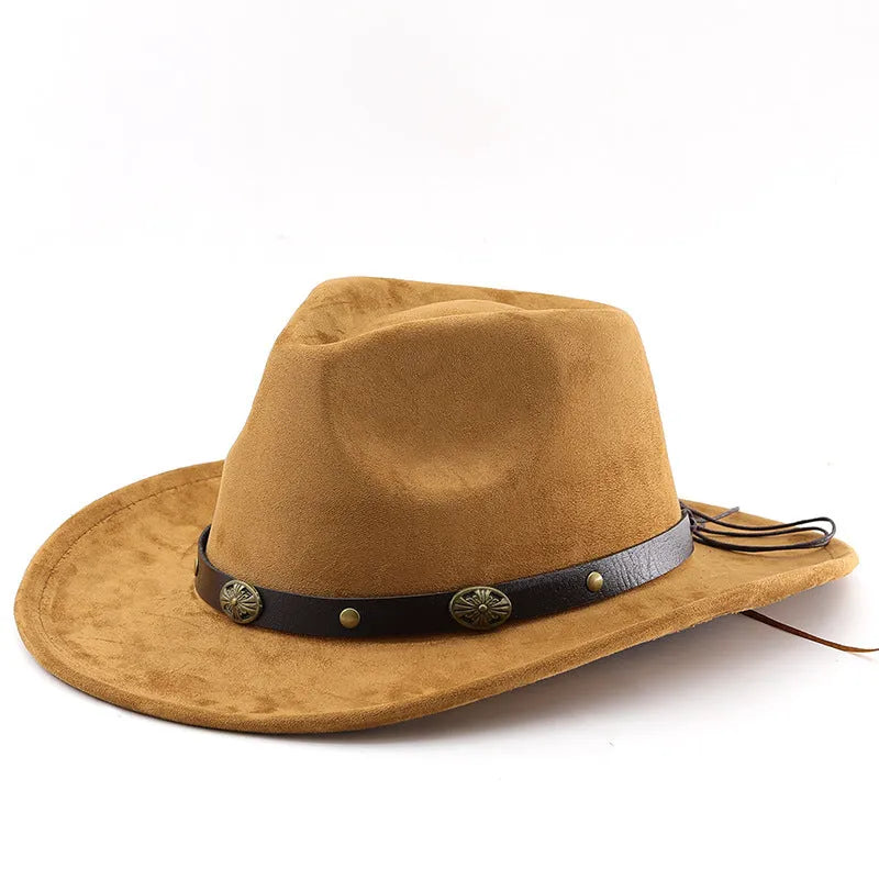 Brown leather velvet Western cowboy hat with a curved edge brim and conical crown.