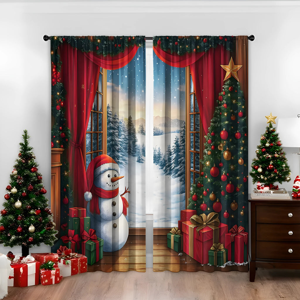 3D digitally printed Christmas curtains in polyester with festive patterns, showing high sunshade function