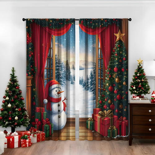 3D digitally printed Christmas curtains in polyester with festive patterns, showing high sunshade function