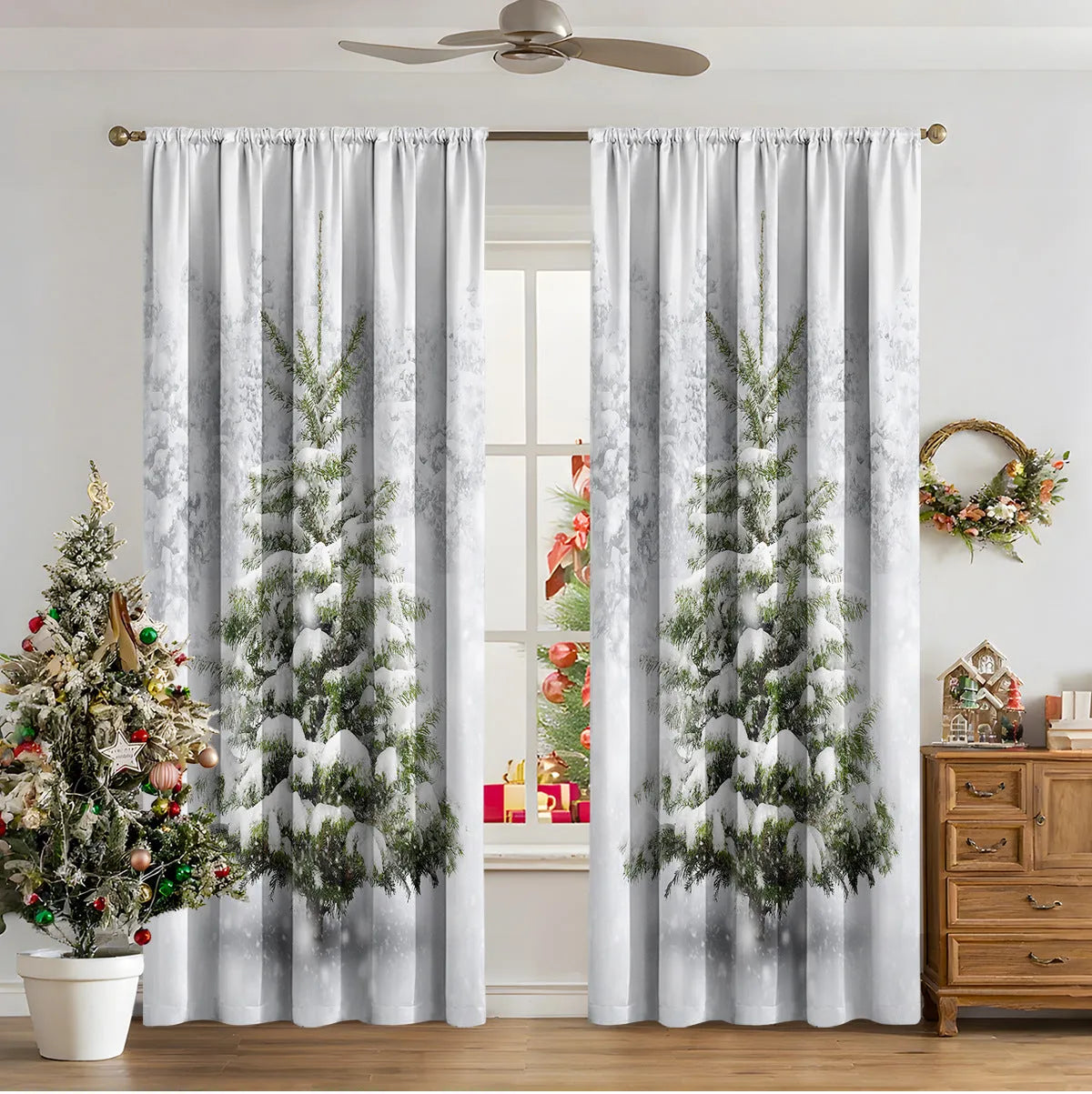 3D digitally printed Christmas curtains in polyester with festive patterns, showing high sunshade function
