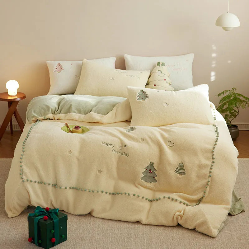 Milk fibre four-piece bedding set with green Christmas tree pattern including sheet, quilt cover and pillowcases