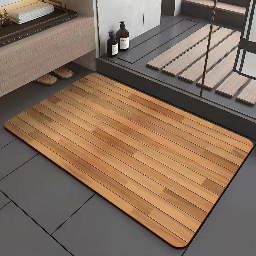 Square diatom ooze floor mat with wood grain pattern for non-slip bathroom use