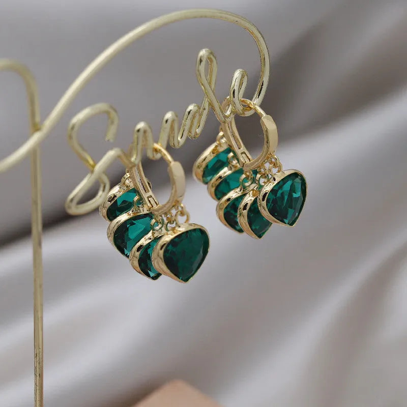 Korean style green heart pendant glass ear clip earrings with alloy inlay artificial gemstone