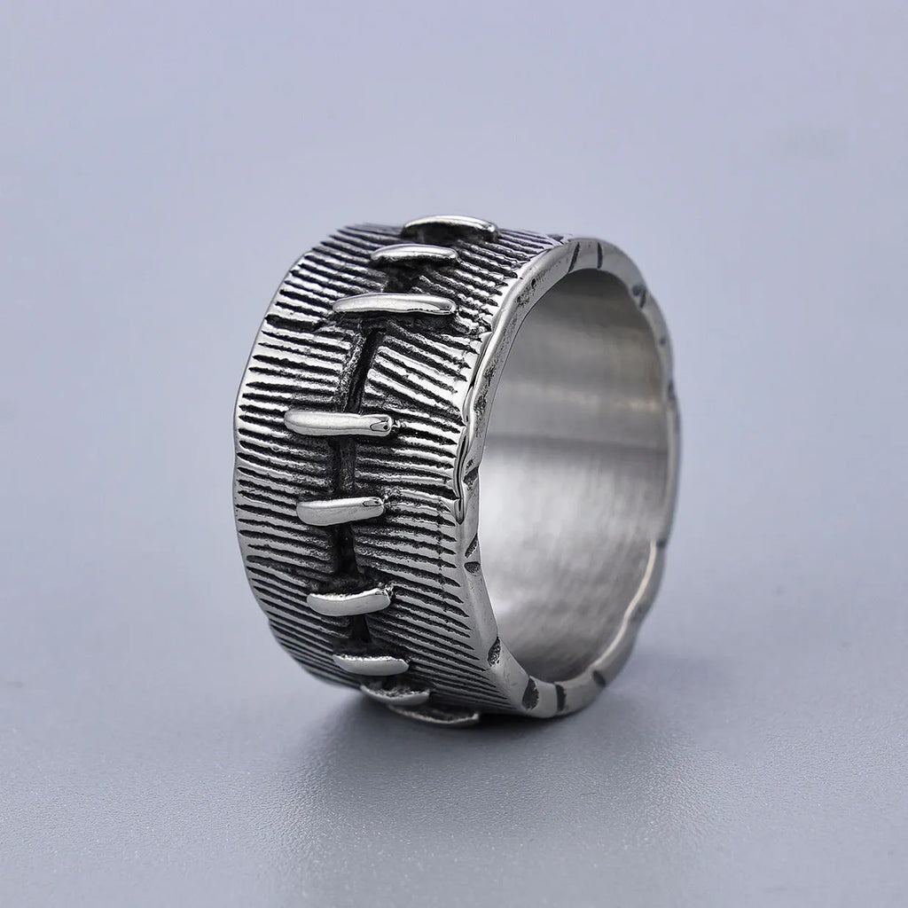 Geometric dark punk titanium steel ring with a double ring design in a retro colour finish.