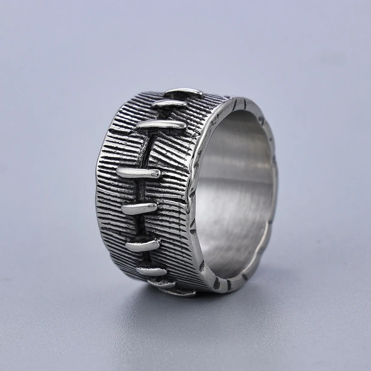 Geometric dark punk titanium steel ring with a double ring design in a retro colour finish.