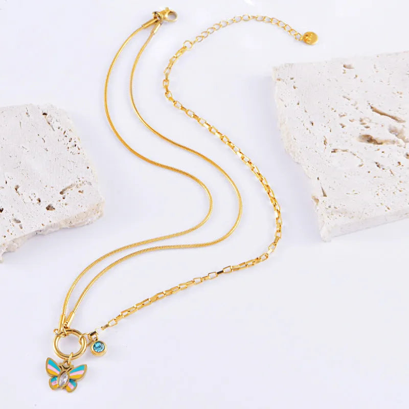 Gold titanium steel necklace and bracelet set with colourful epoxy butterfly pendant on snake bone chain
