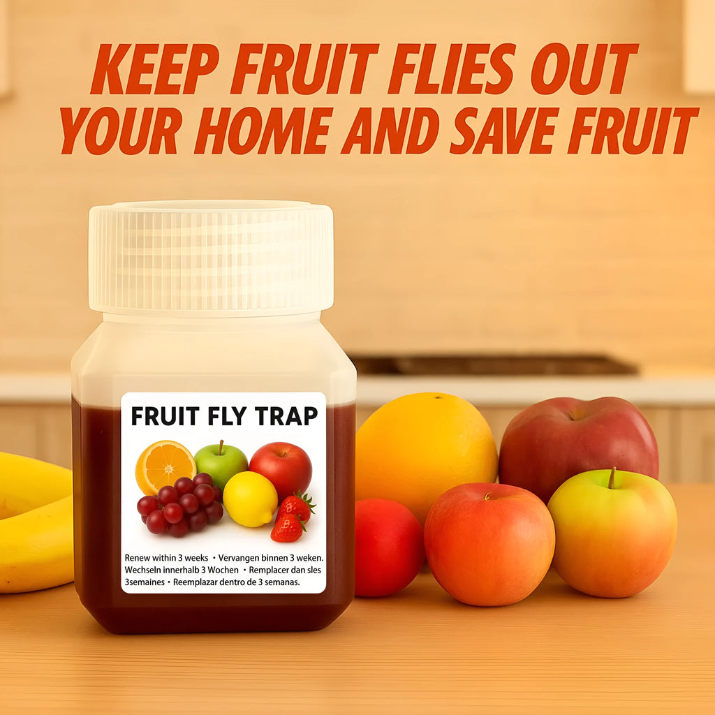 Bottle of fruit fly bait liquid with SK003 labeling, shown with funnel accessory option