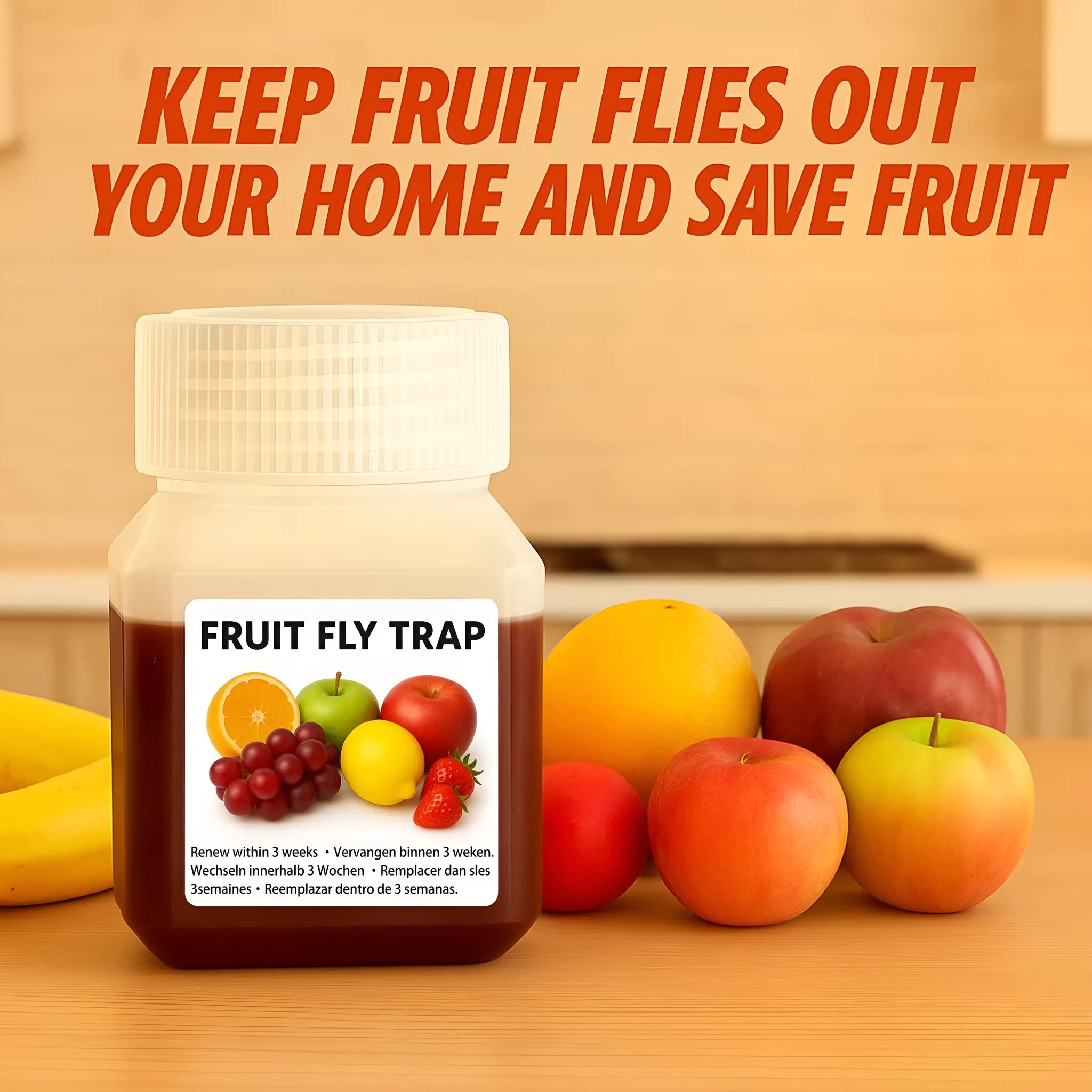 Bottle of fruit fly bait liquid with SK003 labeling, shown with funnel accessory option