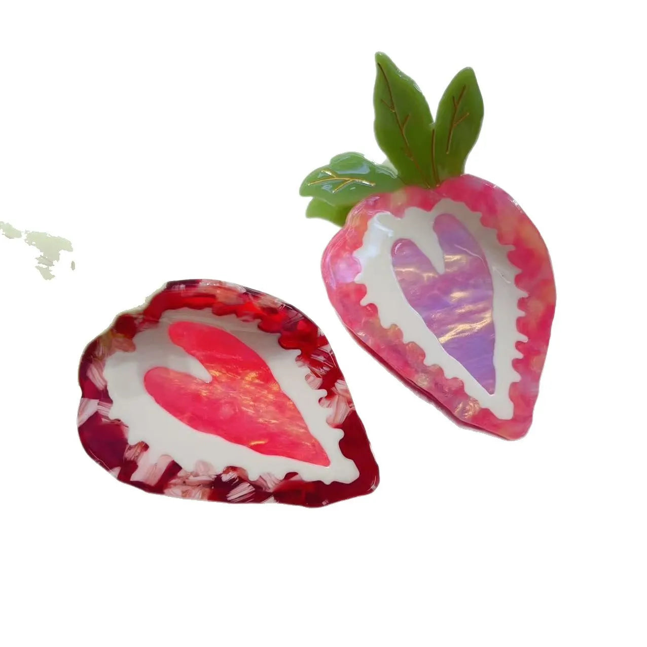 Handmade strawberry design hairpin for girls, shown in red and pink colour options.