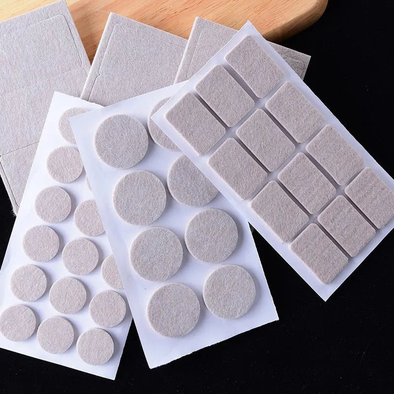 Beige plastic furniture protection pads in round and square shapes showing five different size options