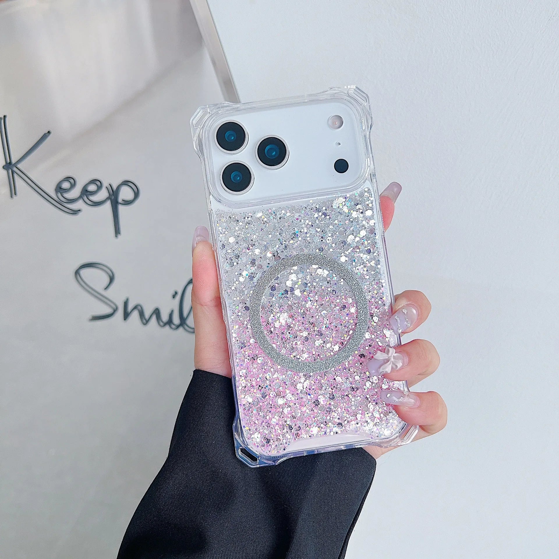 Glitter magnetic drop-resistant TPU phone case for iPhone 16 Pro with frosted finish in pink blue colour option