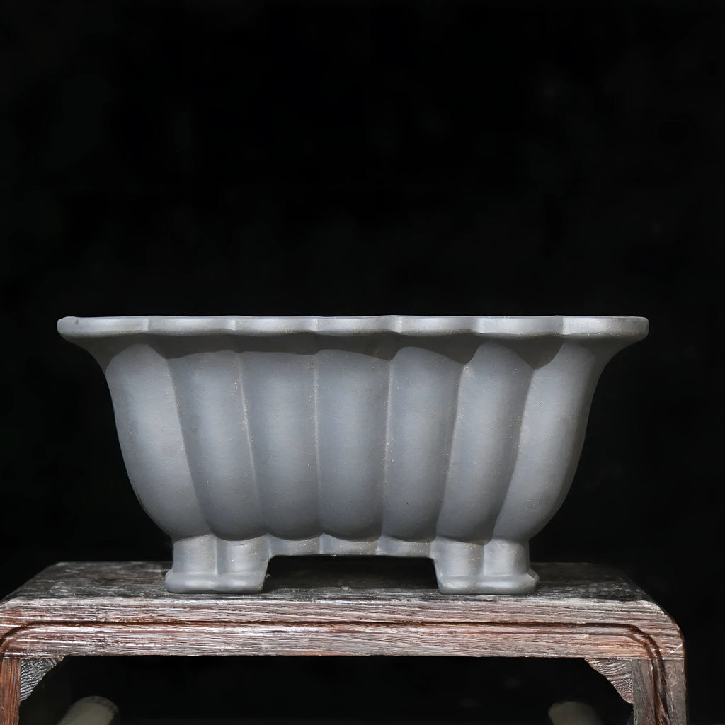 Square ceramic bonsai pot with purple sand glaze finish showing 37cm diameter measurement