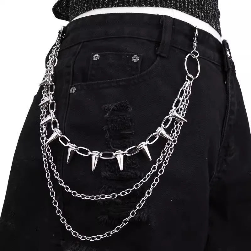 Silver metal trousers chain with double-layer design and rivet detailing measuring 115cm