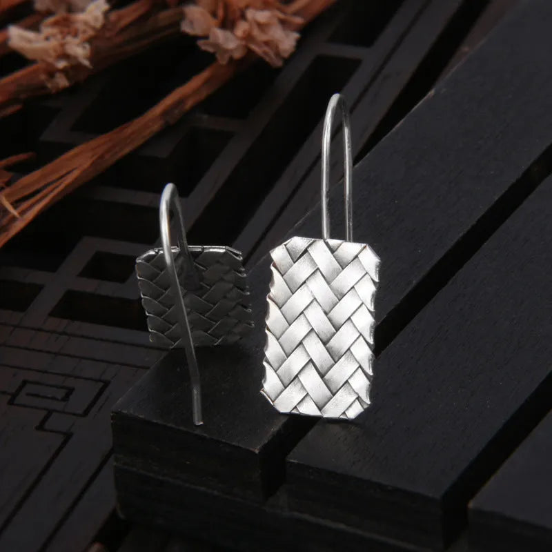 Silver geometric diamond earrings with woven plaid pattern, 17.5mm by 11mm