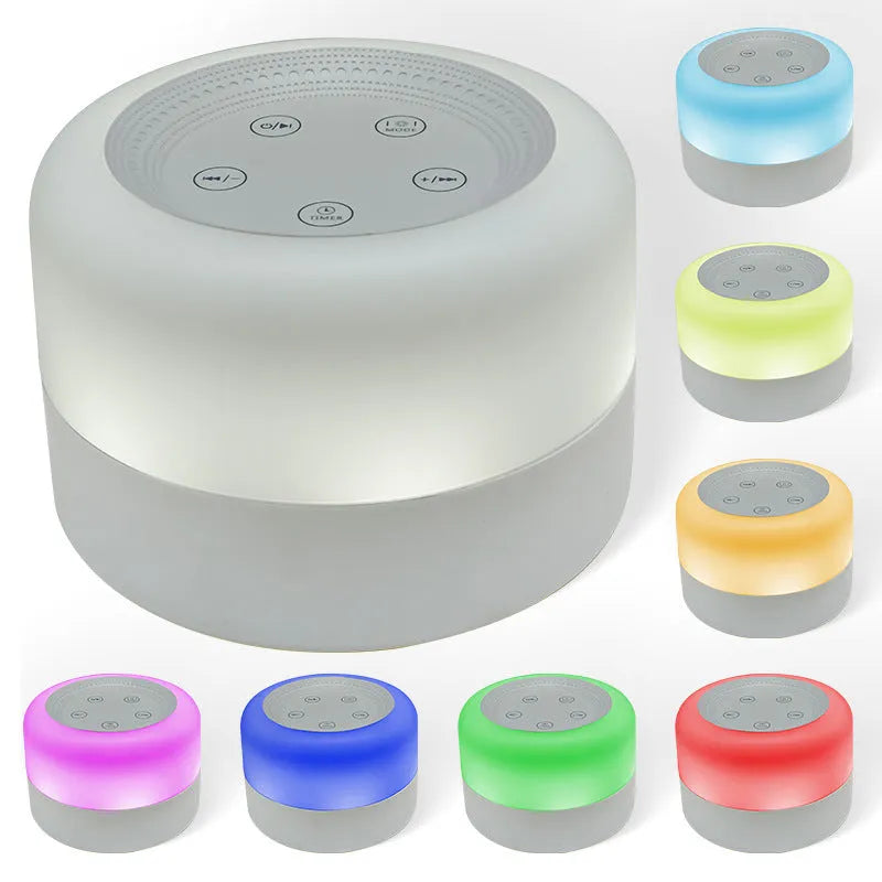 White rechargeable white noise sleeping aid table lamp with colourful lights on bedside table