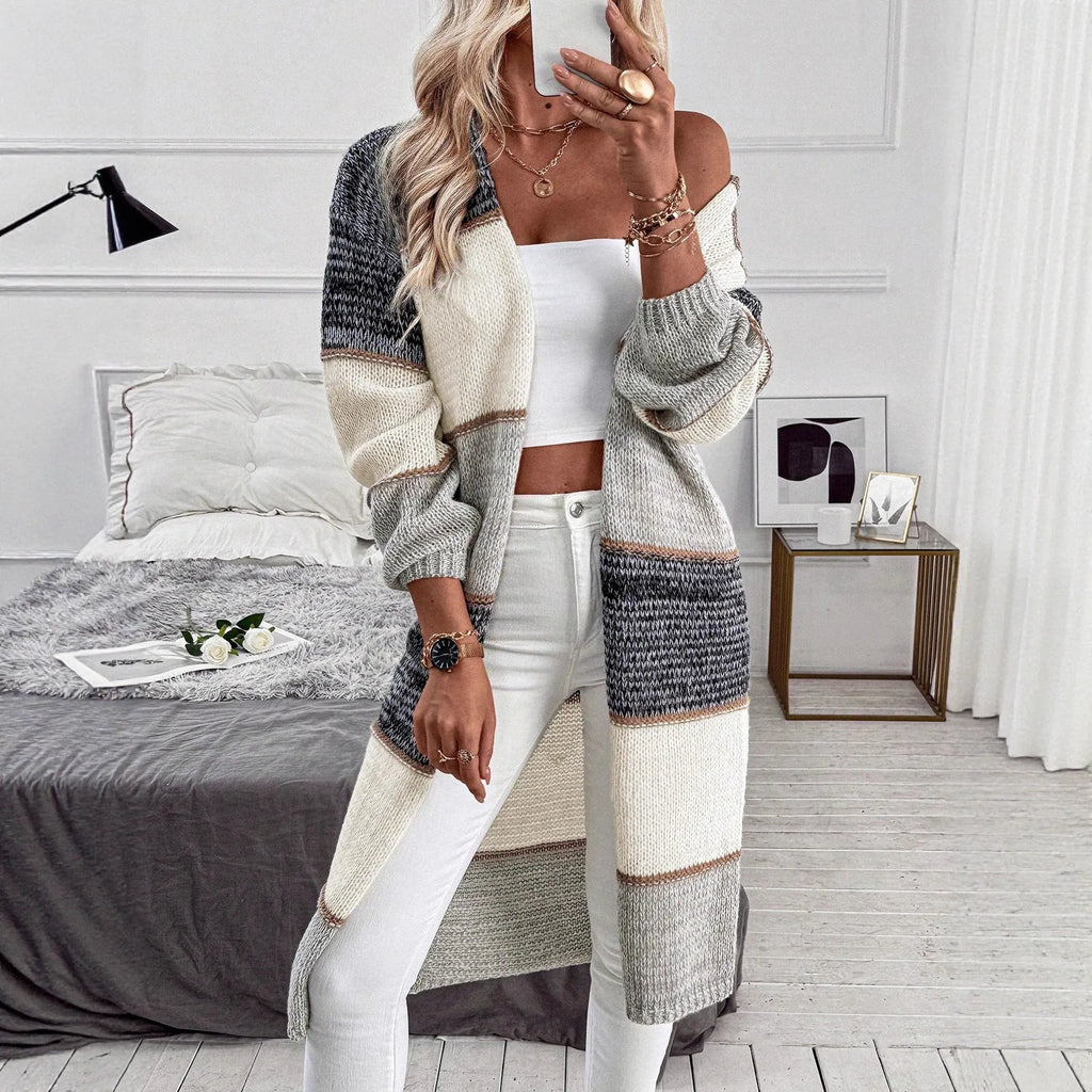 Grey stripe knitted women's cardigan with long sleeves and loose fit