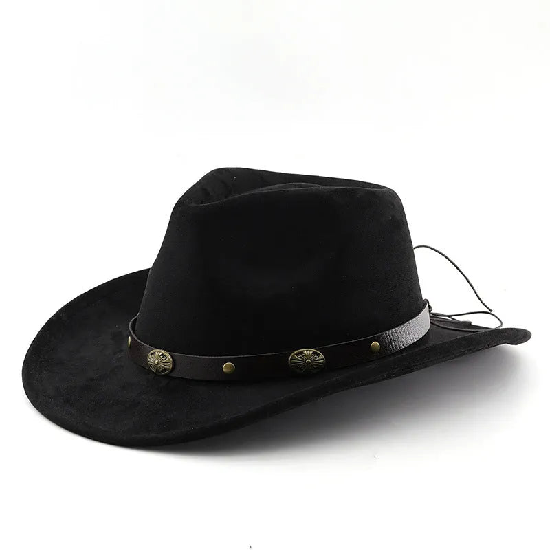 Brown leather velvet Western cowboy hat with a curved edge brim and conical crown.