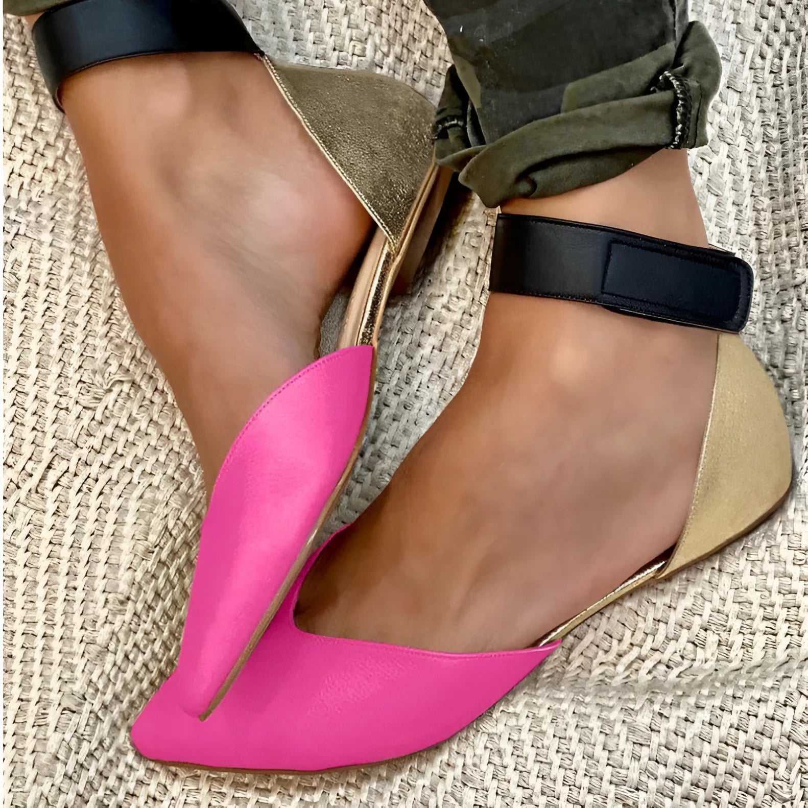 Women's beige velcro-strap hollowed flat sandals with a PU upper on a plain background.