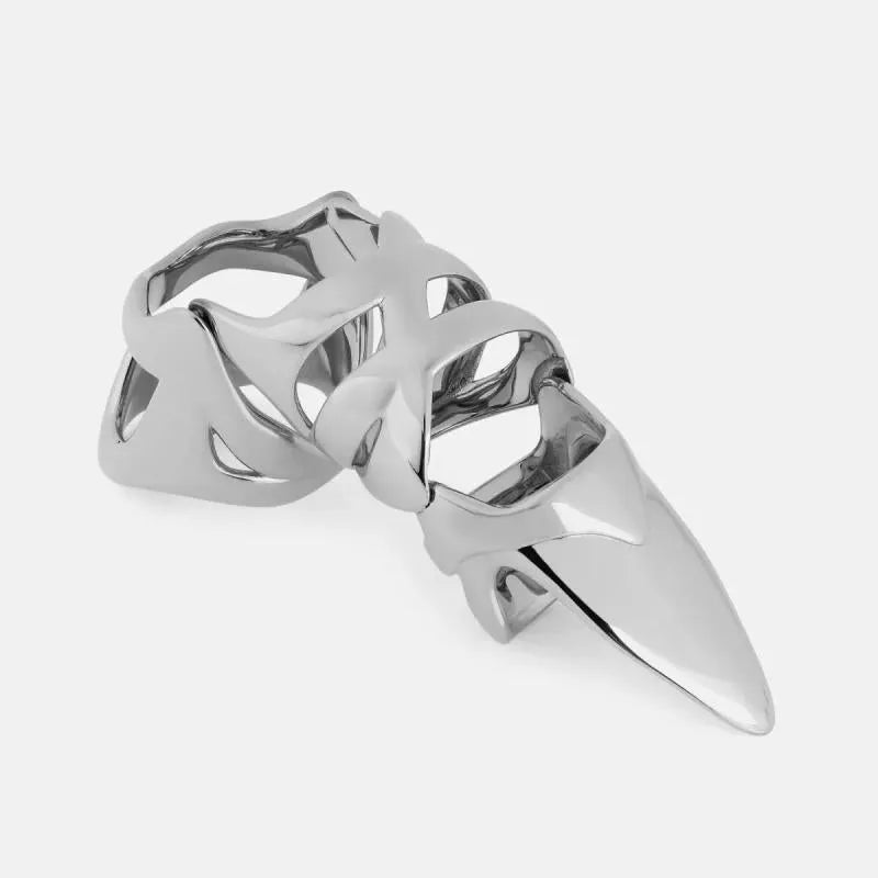 Silver alloy finger stall ring for punk and medieval armour costumes on a finger.