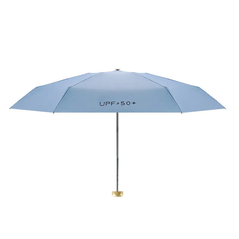 Closed black five-fold mini pocket sun umbrella with rubber handle showing compact size.