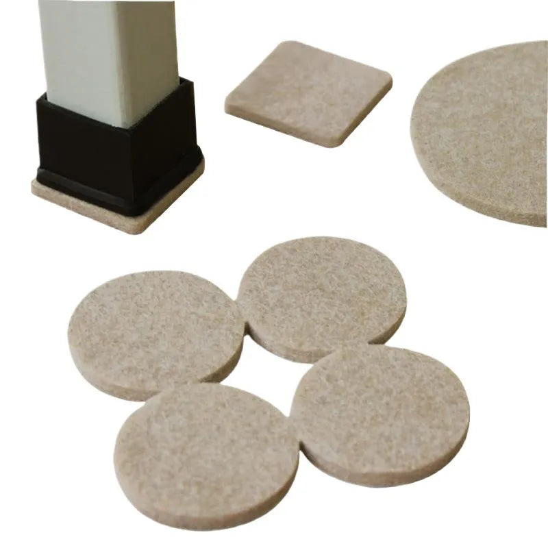 Beige plastic furniture protection pads in round and square shapes showing five different size options