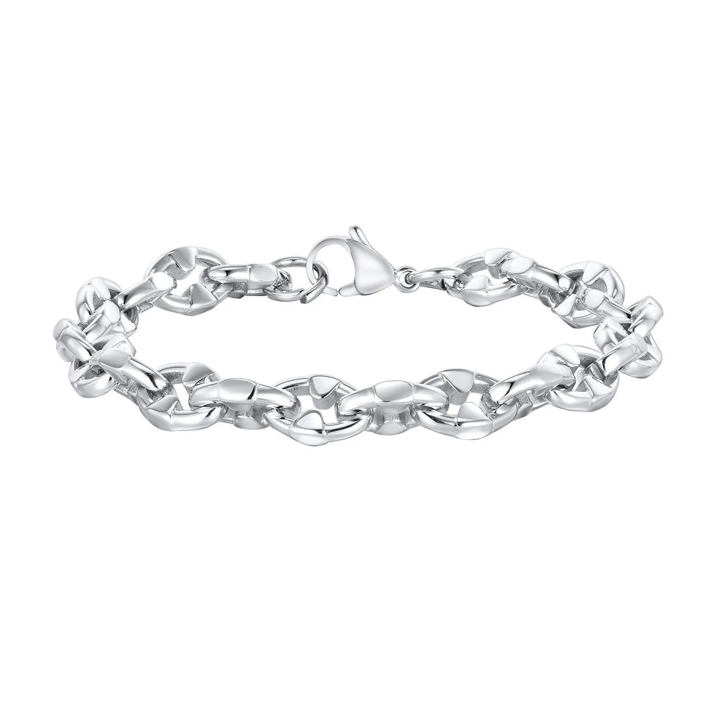 A thick geometric chain bracelet made from stainless steel in a steel colour, shown on a wrist.