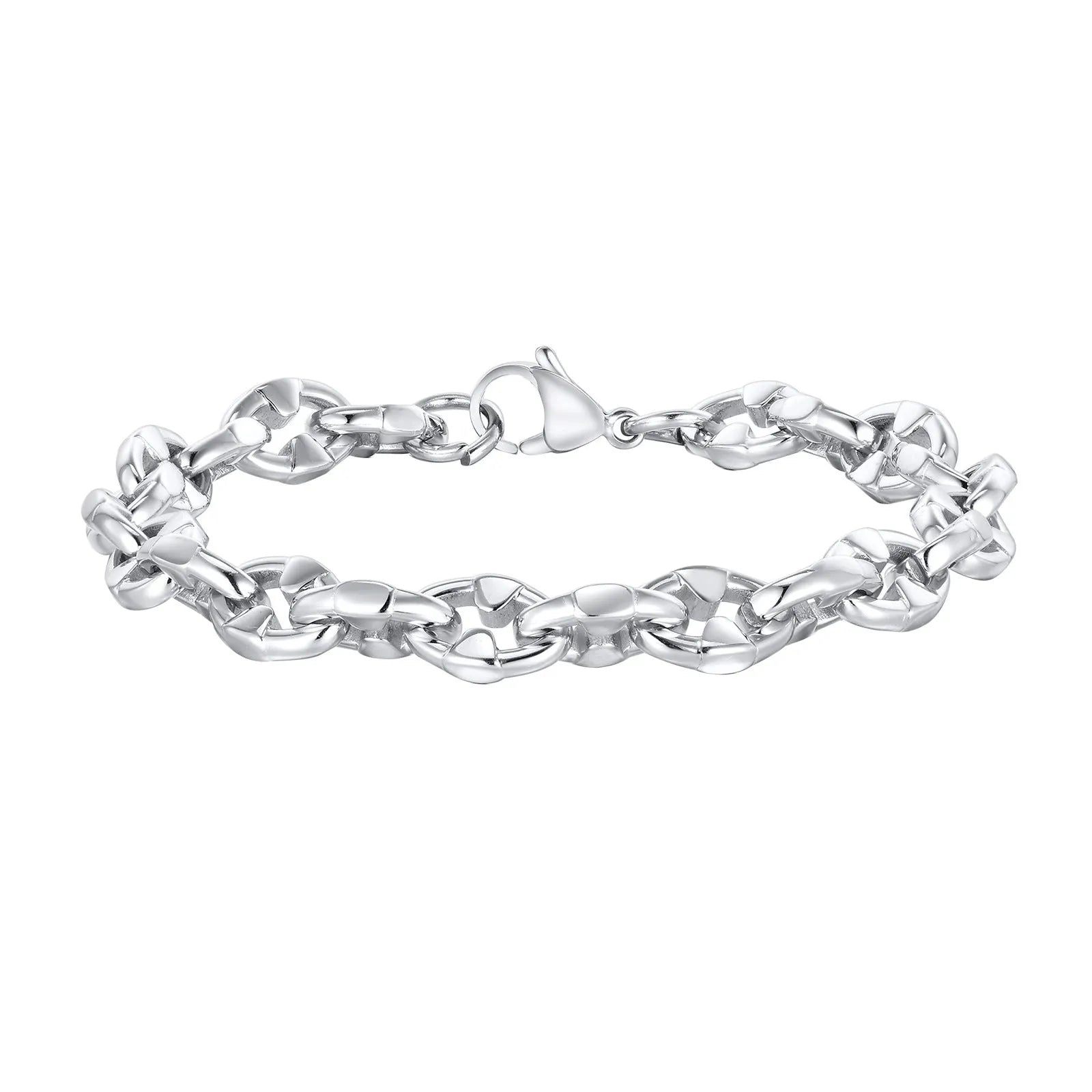 A thick geometric chain bracelet made from stainless steel in a steel colour, shown on a wrist.