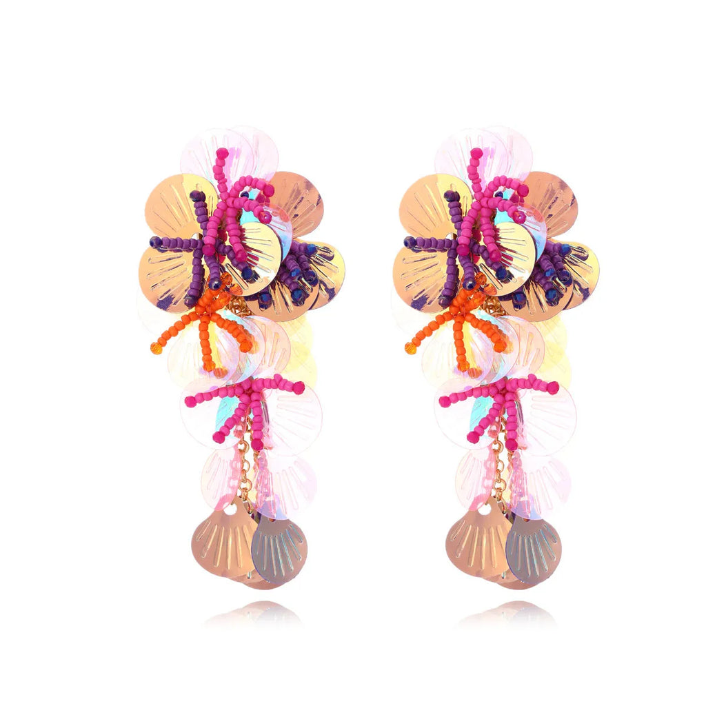 Handmade exaggerated dopamine string bead flower earrings with mixed material floral designs in colourful option