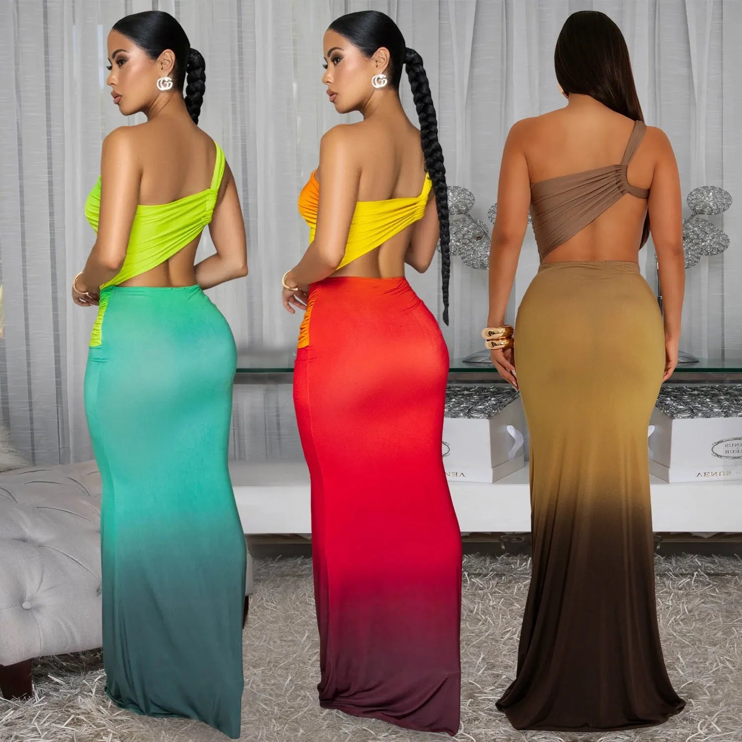 Women's gradient colour cross-shoulder sleeveless dress with high waist and long one-step skirt