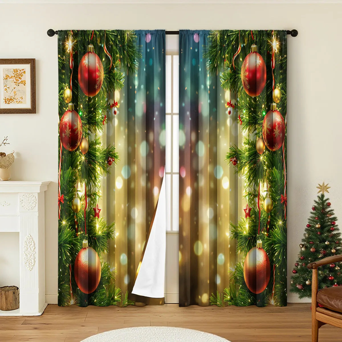Pair of 3D digital printed Christmas curtains in polyester with European festive patterns hanging at window