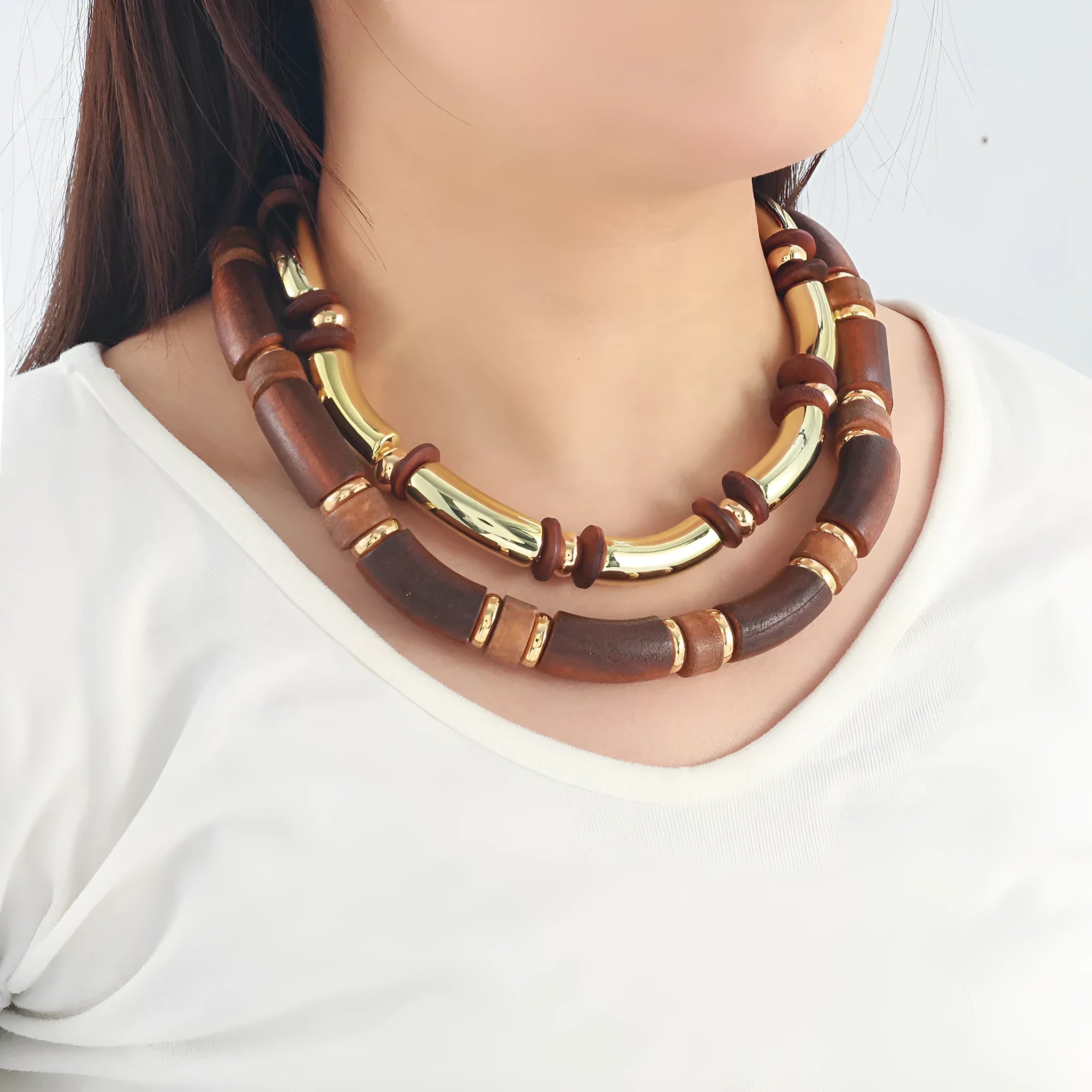 Women's multi-layer wooden necklace and bracelet set with alloy pendants and regular chain