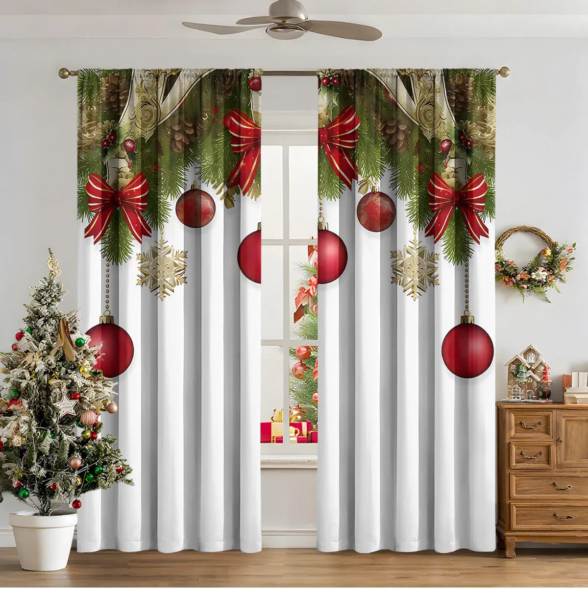 3D digitally printed Christmas curtains in polyester with festive patterns, showing high sunshade function