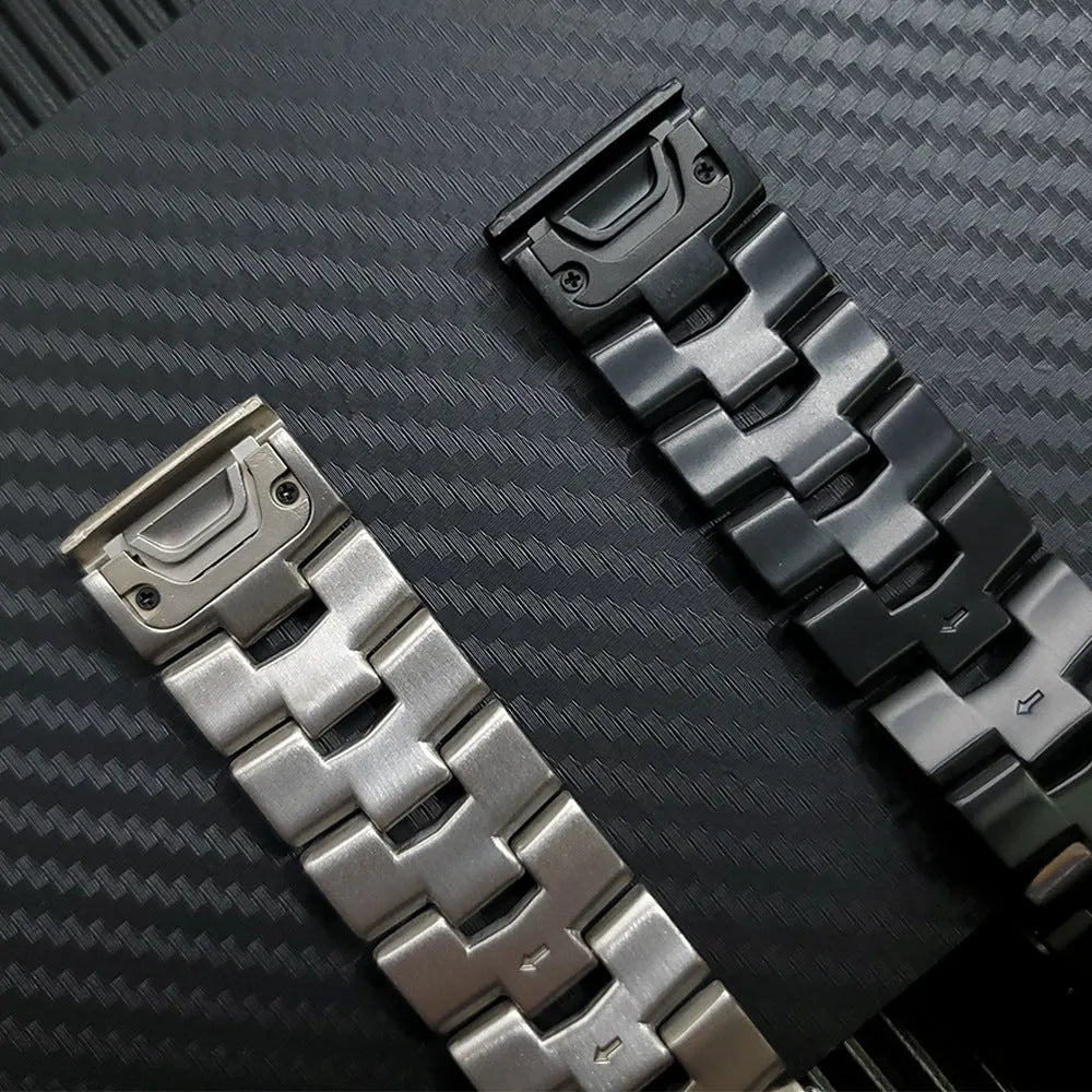 Garmin Jiaming watch replacement strap in black, silver, or titanium colour, showing 22mm and 26mm size options.