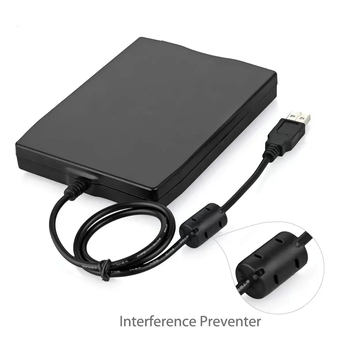 External USB 3.5-inch floppy disk drive in black colour with front slot and rear USB connector
