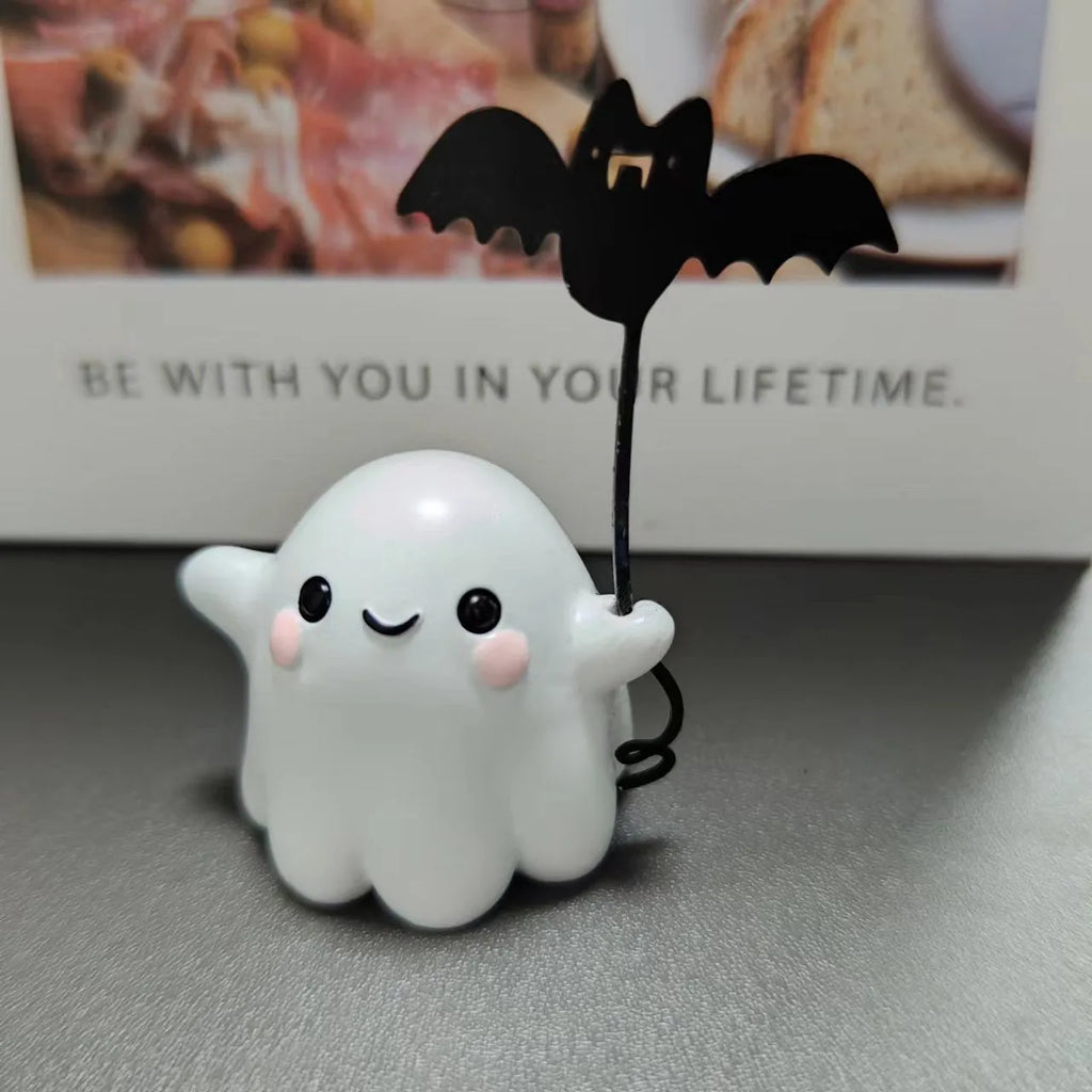 Mini resin ghost walking dog statue holding a bat, Halloween decoration