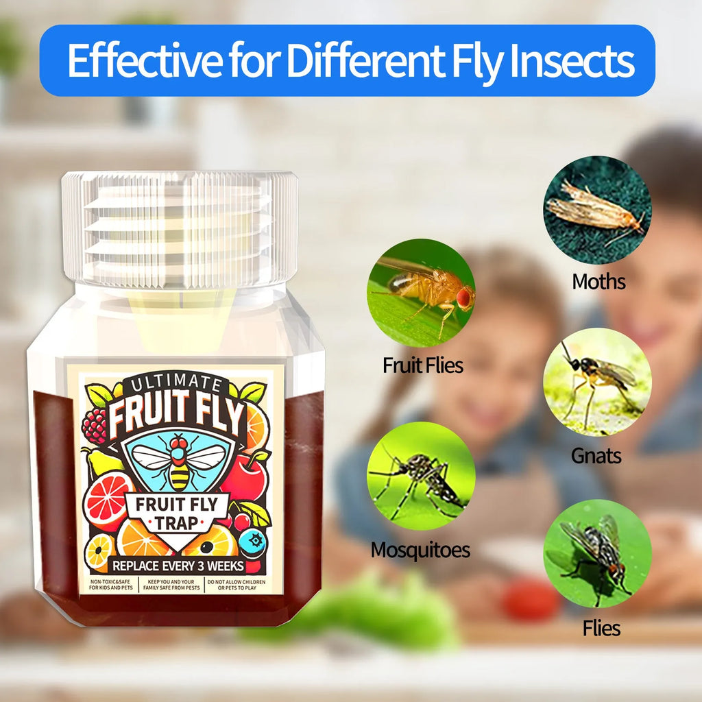 Bottle of fruit fly bait liquid with SK003 labeling, shown with funnel accessory option