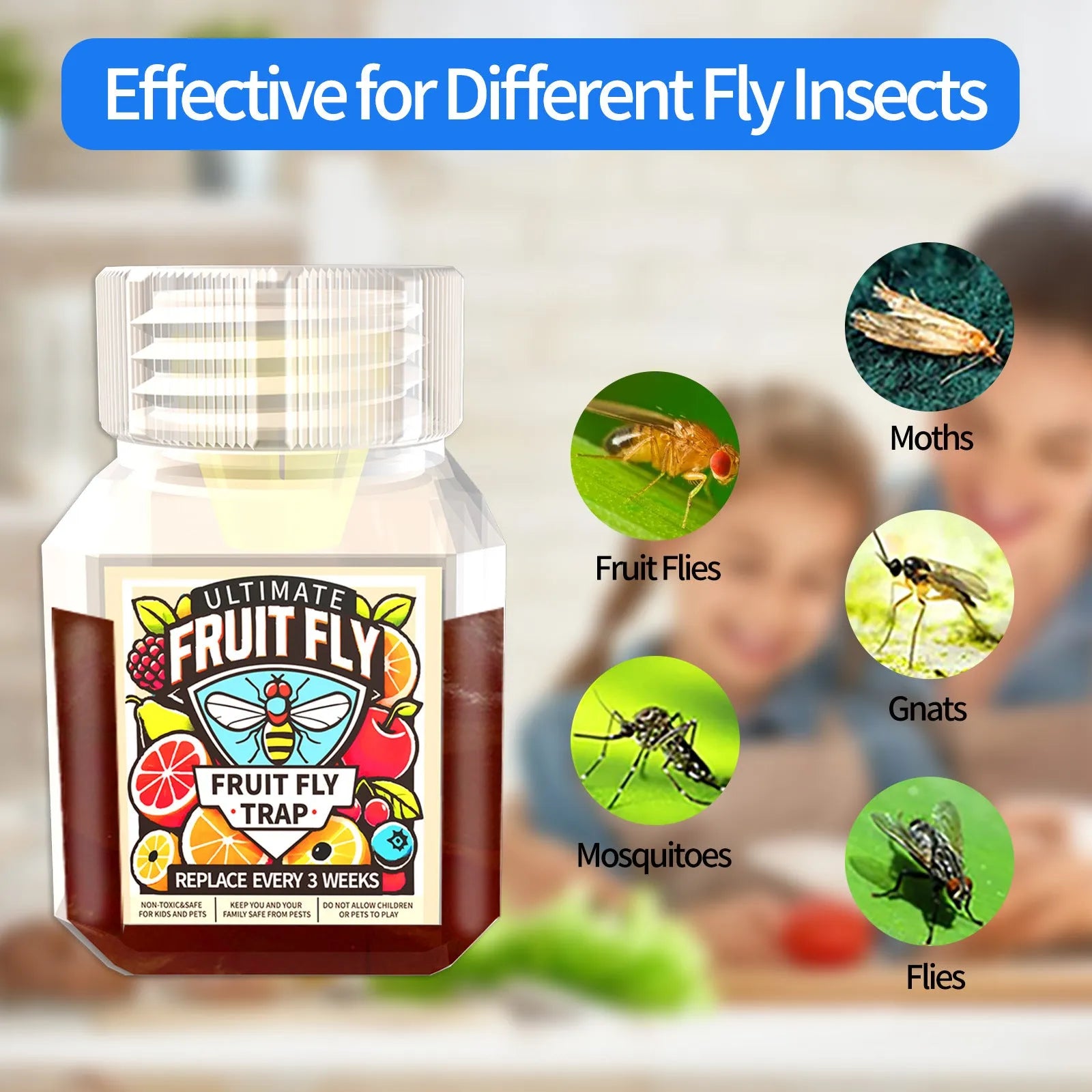 Bottle of fruit fly bait liquid with SK003 labeling, shown with funnel accessory option