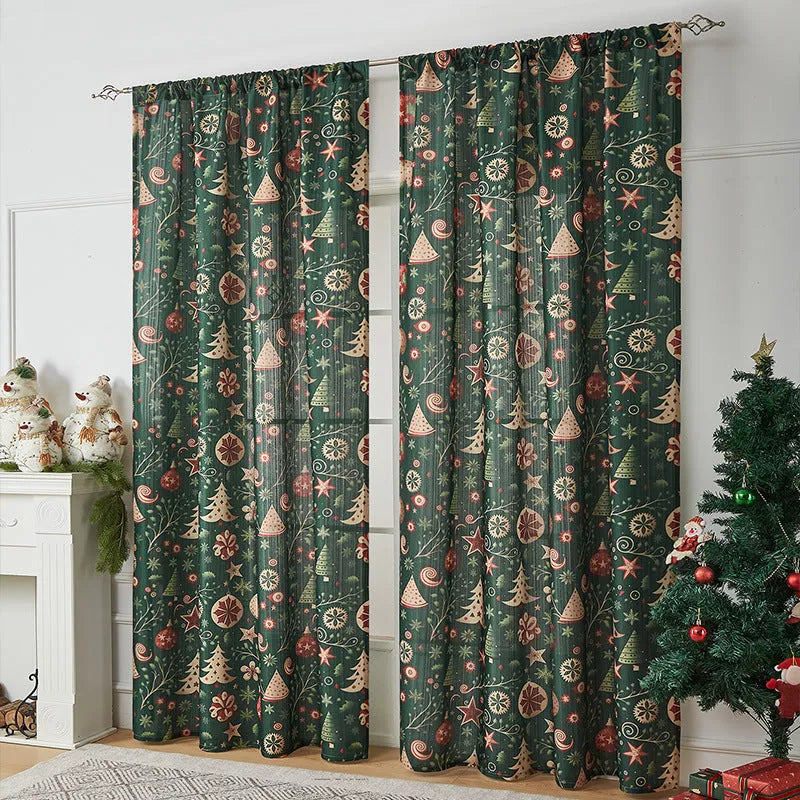 Printed polyester Christmas curtain with red plaid design showing semi-sunshade light filtering