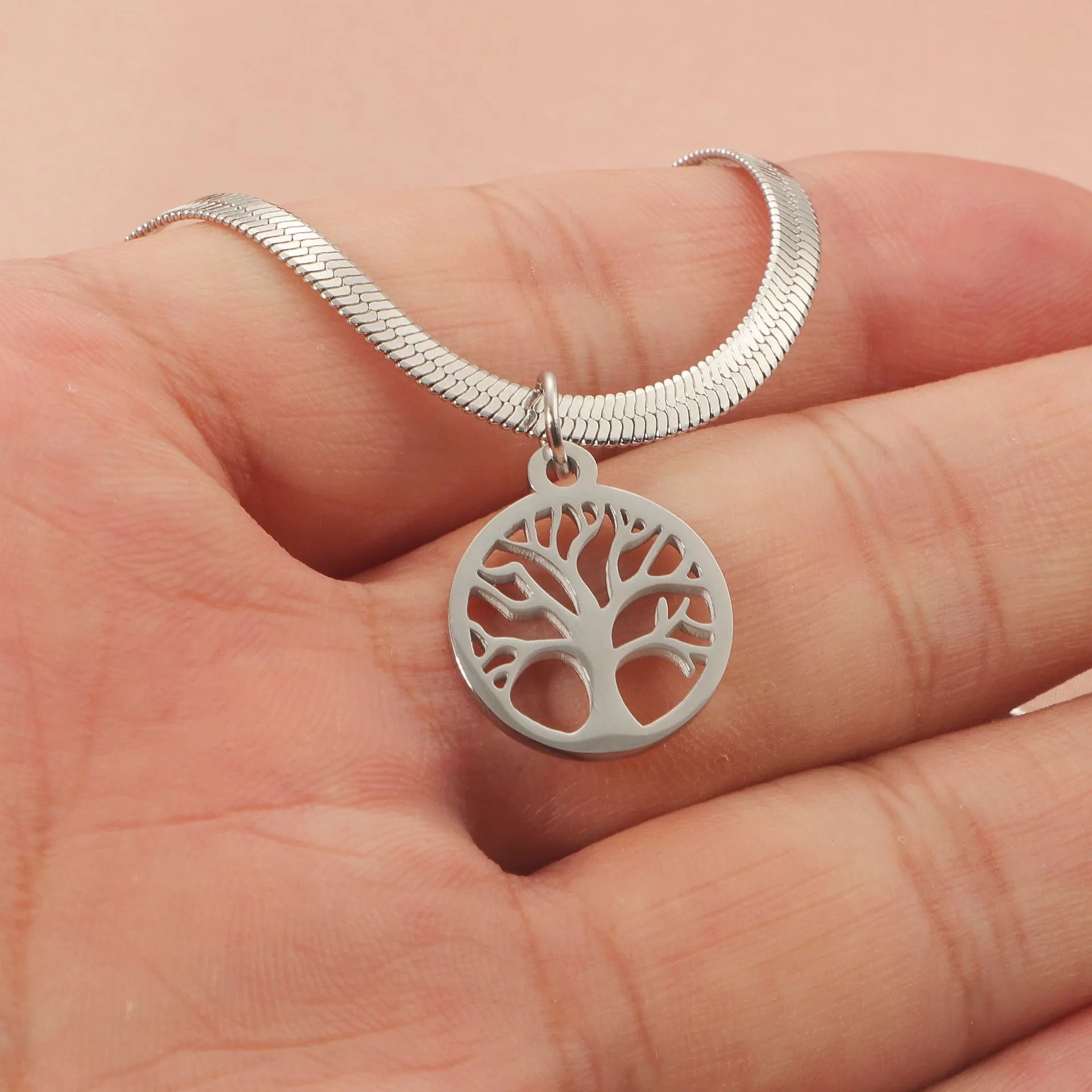 Stainless steel necklace with U-shaped tree pendant on adjustable snake bone chain in gold colour