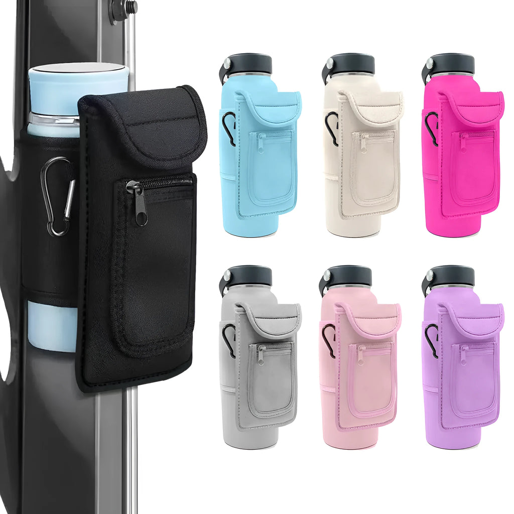 Cloth fitness cup sleeve for large bottles with magnetic or climbing carabiner fastening in various colours