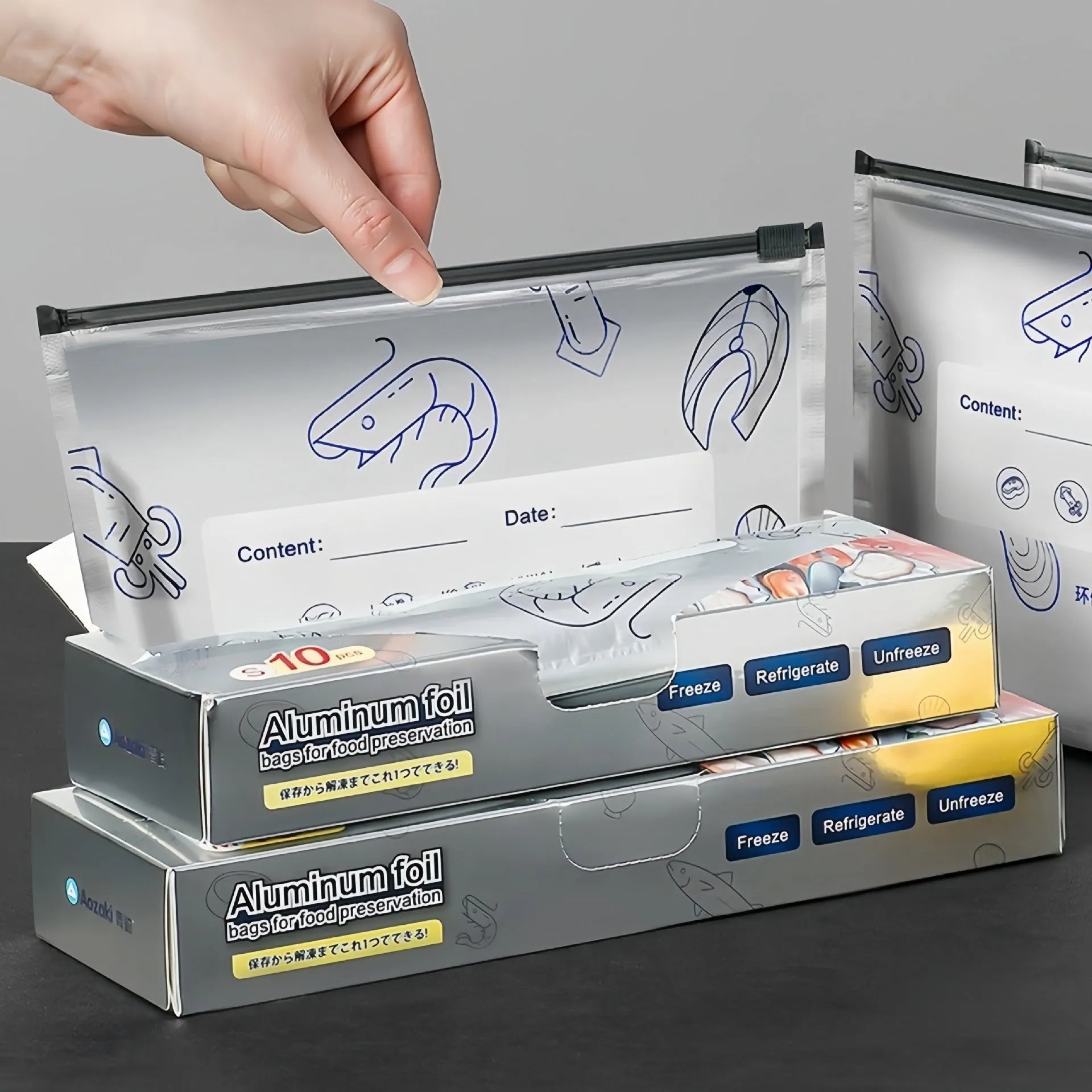 Pack of 10 aluminium foil sealed bags in small, medium, and large sizes for food storage.
