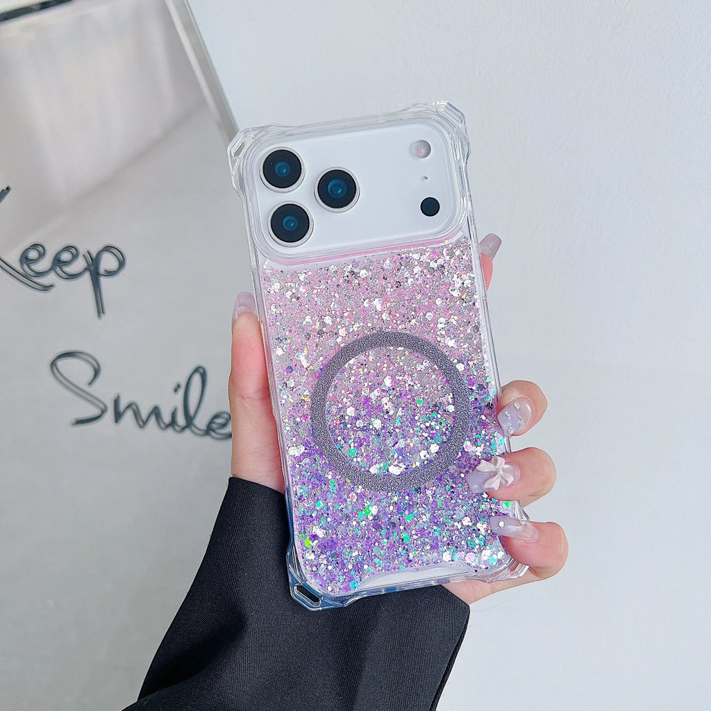 Glitter magnetic drop-resistant TPU phone case for iPhone 16 Pro with frosted finish in pink blue colour option